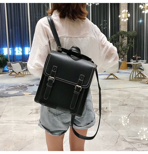 STPAY Black Leather Buckle Backpack