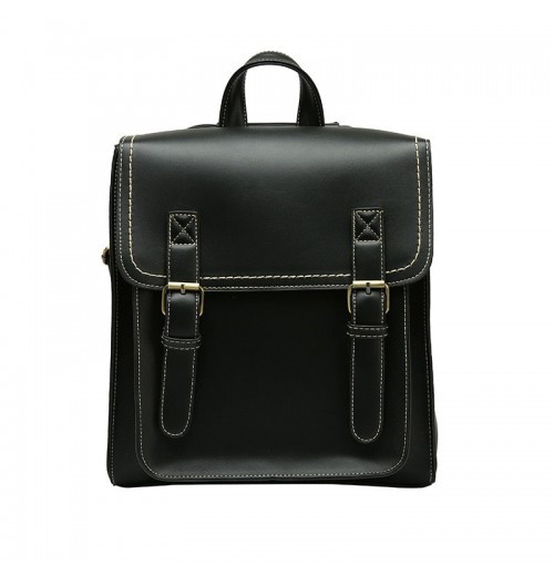 STPAY Black Leather Buckle Backpack