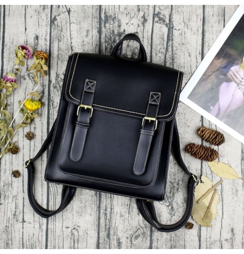 STPAY Black Leather Buckle Backpack